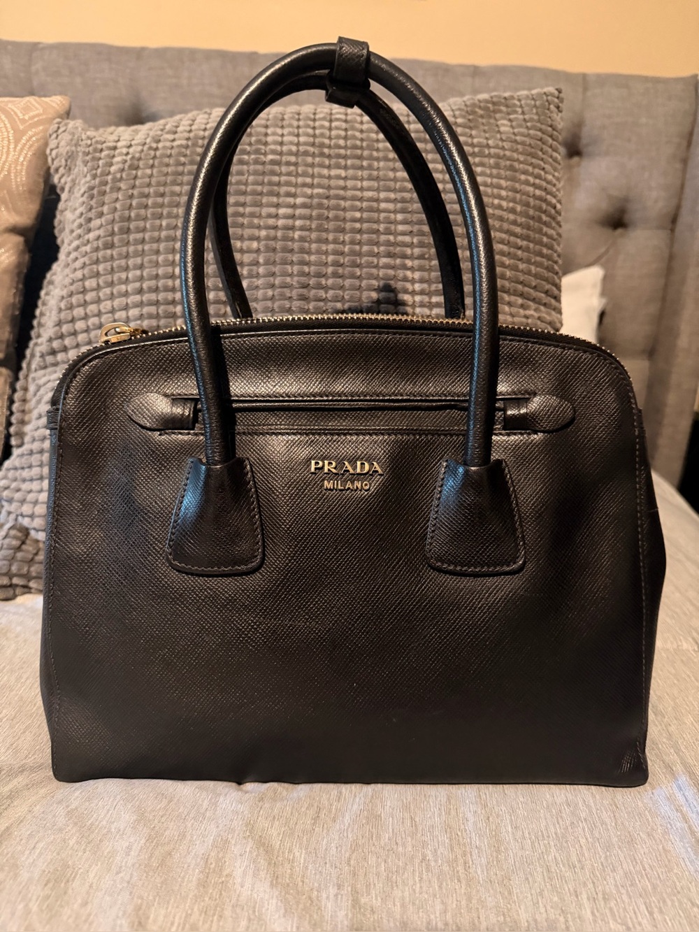 Prada Black Saffiano Cuir Leather Dome Tote Handbag
